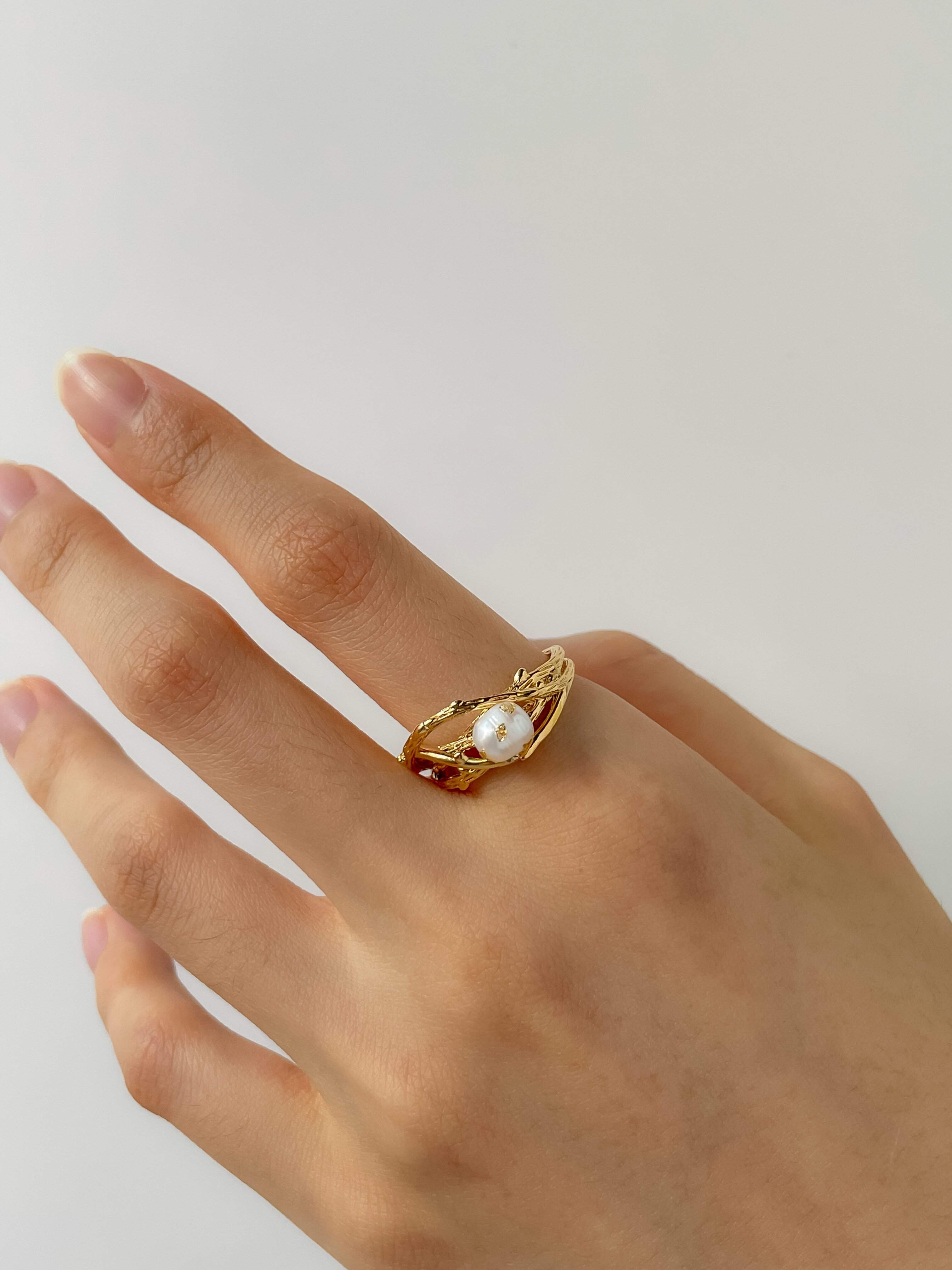 Pearl Gold Ring Dainty Pearl Ring Delicate Pearl Ring 18K 