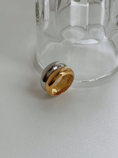 Close up of architectural ridges on gold and silver chunky band