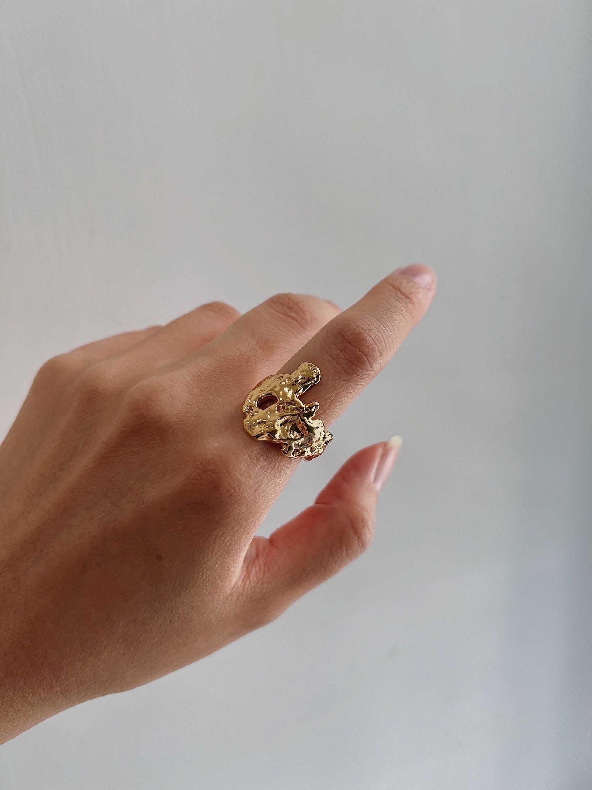 Amber gold hammered ring in molten 18k gold PVD tarnish resistant finish
