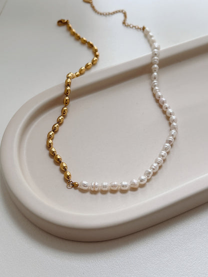 Colette half pearl half chain necklace layout displaying organic baroque pearls and gold beads