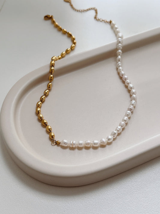 Colette half pearl half chain necklace layout displaying organic baroque pearls and gold beads