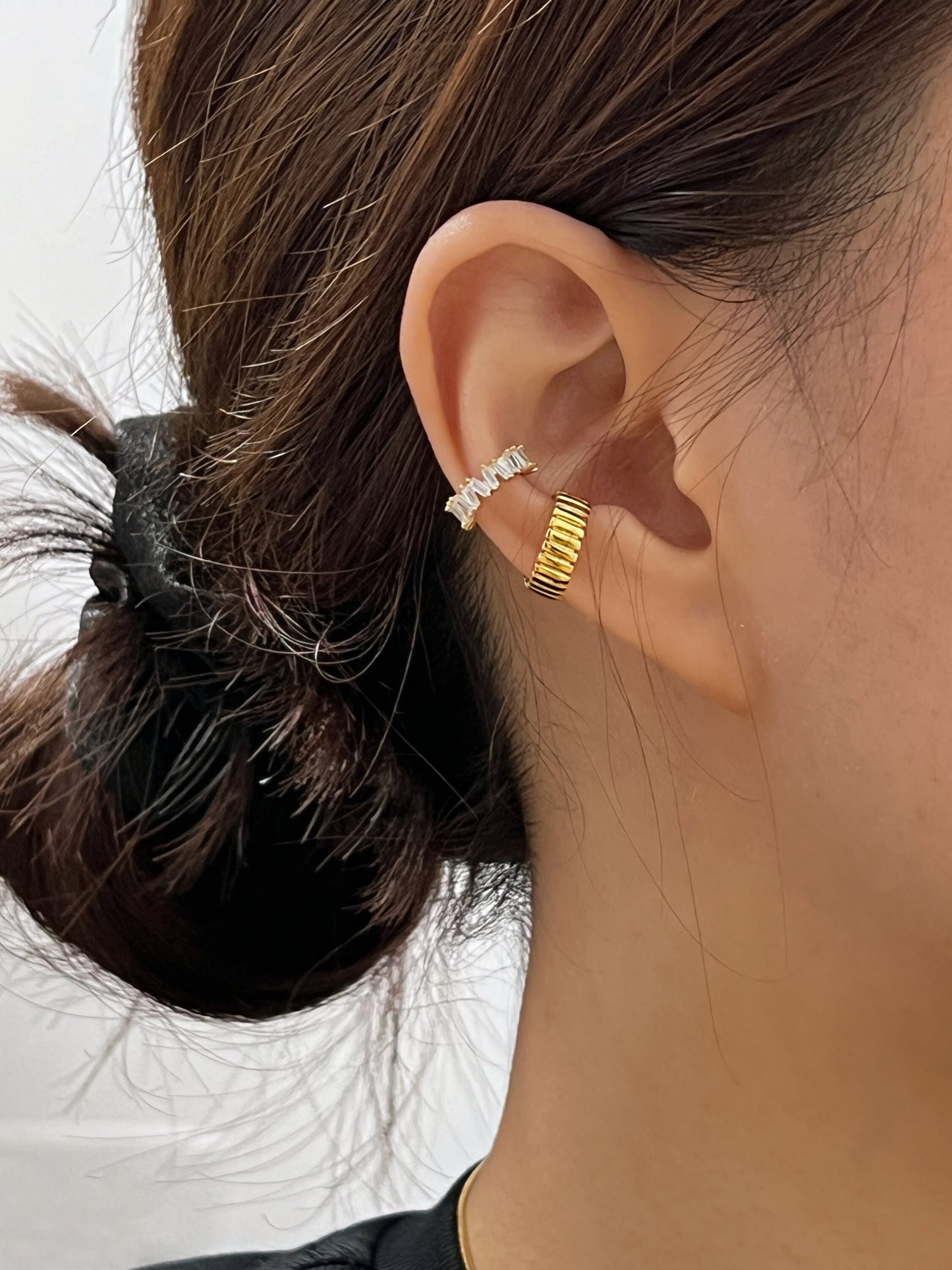 Ear stack styling featuring the Grace Baguette Cuff.