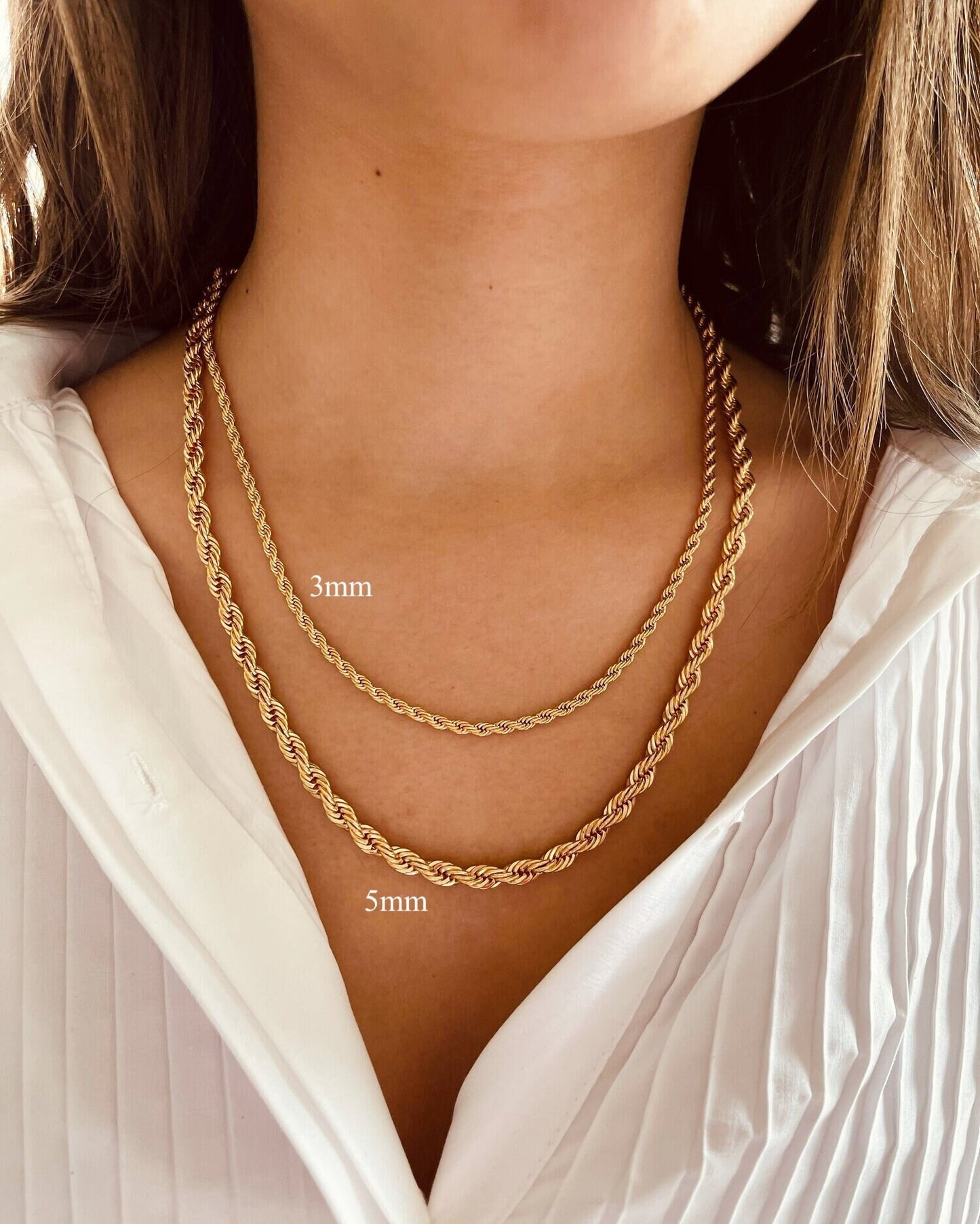 Woman neck view showing contrast between delicate thin rope and thick 5mm heavy rope