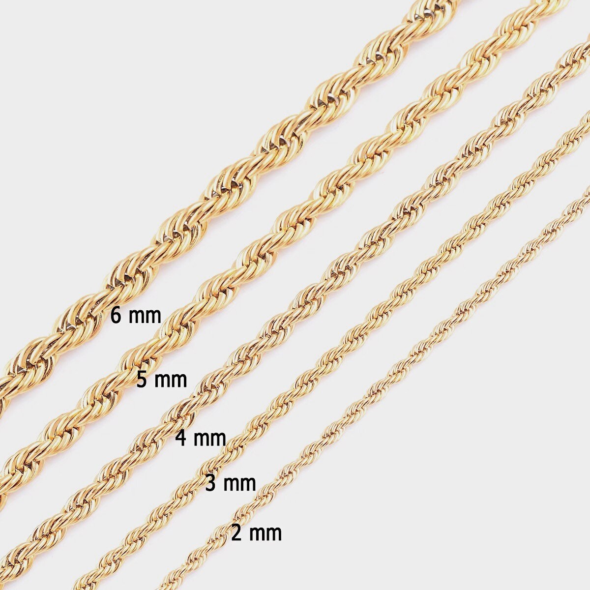 Graduated widths comparison showcasing premium 18k gold PVD ropes from 2mm to 6mm