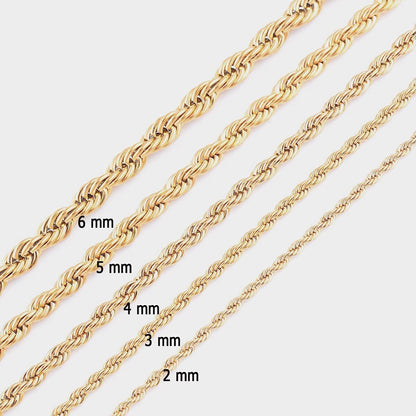 Graduated widths comparison showcasing premium 18k gold PVD ropes from 2mm to 6mm
