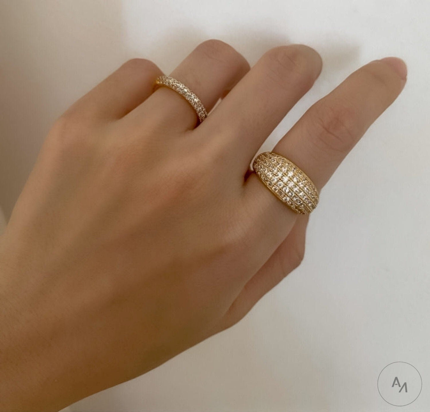 Hand model showcasing the brilliant sparkle of 5A CZ pave ring