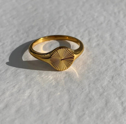 Small gold sun signet ring with tapered comfortable band