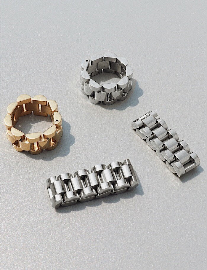 PVD vacuum plated gold ring and silver ring with presidential watch link design