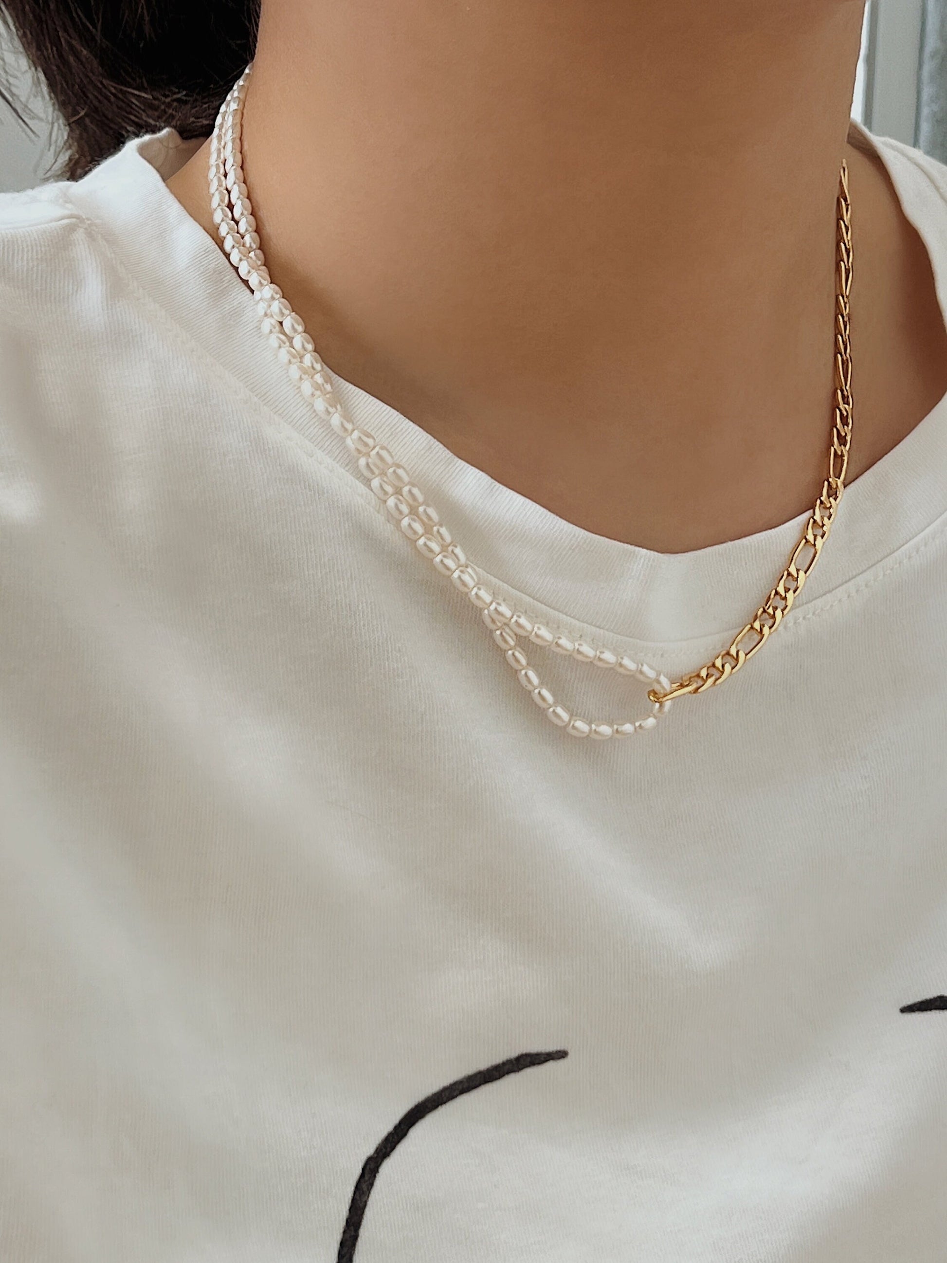 Lifestyle look of a modern woman wearing a tarnish resistant double row pearl strand