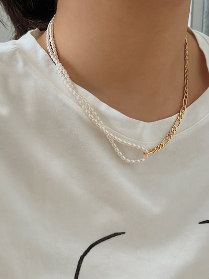 Lifestyle look of a modern woman wearing a tarnish resistant double row pearl strand