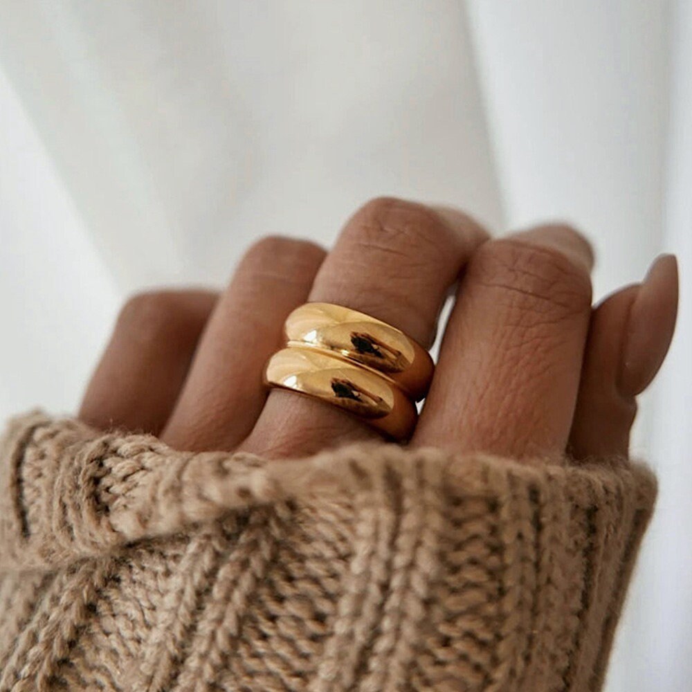 Chunky Band Ring, Cigar Band Ring, Thick Ring Gold, Gold Ribbed Ring, Wide Band Ring, Gold Double Ring, Chunky 18K Gold Ring, Statement Ring