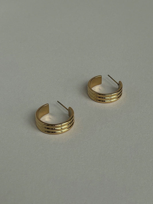 18K Gold Ribbed Hoop Earrings, Lined Hoop Earrings, Gold Minimalist Striped Hoop Earrings, Contemporary Earrings