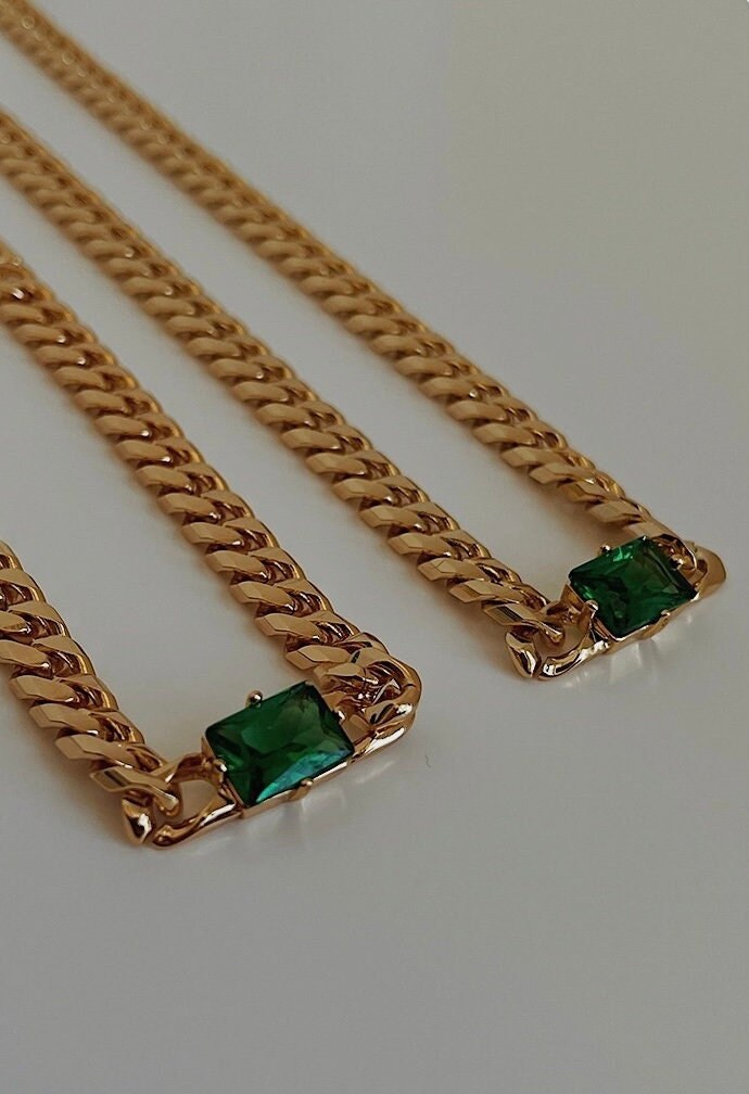 18K Gold Emerald Green Rectangle Pendant Necklace, Green CZ Chain Necklace, Choker Necklace, Statement Necklace, Layering Necklace