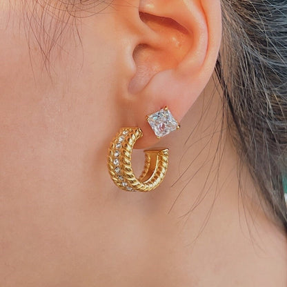 Bold Twist Pave CZ C Hoops, Pave Gold Huggie Hoops, Rhinestone Twist Hoop Earrings, Braided Diamond Hoop Earrings, 20mm Twisted Rope Hoops