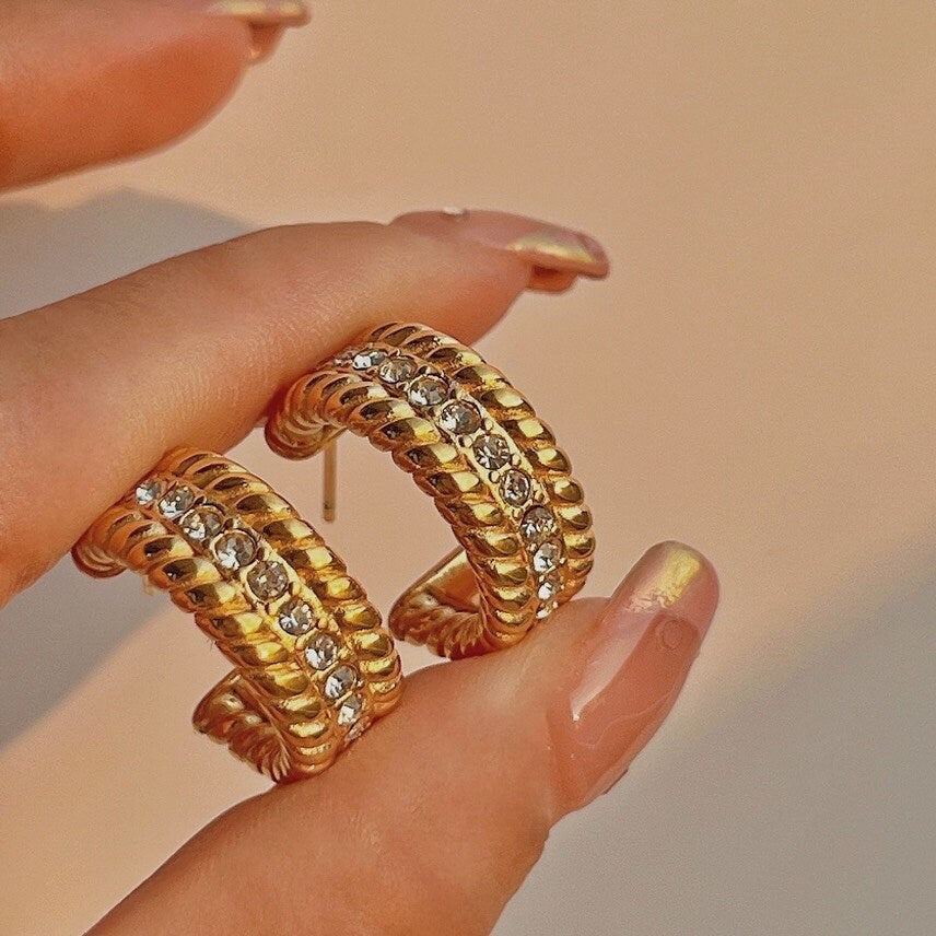 Bold Twist Pave CZ C Hoops, Pave Gold Huggie Hoops, Rhinestone Twist Hoop Earrings, Braided Diamond Hoop Earrings, 20mm Twisted Rope Hoops