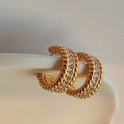 Bold Twist Pave CZ C Hoops, Pave Gold Huggie Hoops, Rhinestone Twist Hoop Earrings, Braided Diamond Hoop Earrings, 20mm Twisted Rope Hoops