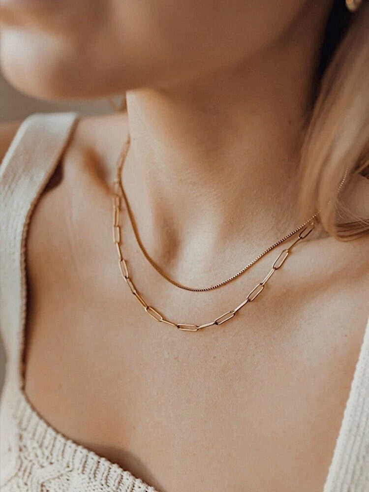 18K Gold Paperclip Chain Necklace, Box Chain Necklace, Double Layered Gold Necklace, Minimalist Chain Necklace, Gold Layering Necklace