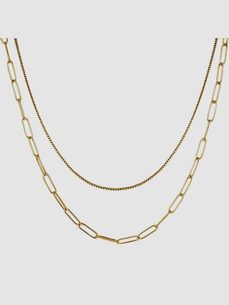 18K Gold Paperclip Chain Necklace, Box Chain Necklace, Double Layered Gold Necklace, Minimalist Chain Necklace, Gold Layering Necklace