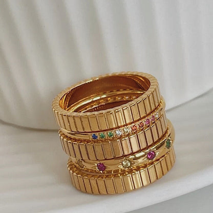 18K Gold Ribbed Band Ring, Minimalist Pave Ring, Dainty Gold Ring, Colorful Gemstone Ring, Stacking Ring, CZ Pinky Ring, Slim Ribbed Ring