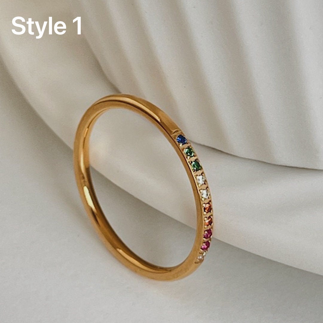 18K Gold Ribbed Band Ring, Minimalist Pave Ring, Dainty Gold Ring, Colorful Gemstone Ring, Stacking Ring, CZ Pinky Ring, Slim Ribbed Ring