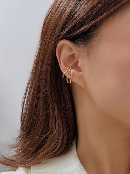 18K Gold Artisan Pearl CZ Pave Ear Cuff, Irregular Unique Ear Cuff, Asymmetrical Minimal Ear Cuff, Triple Cuff Earrings, No Pierce Earrings