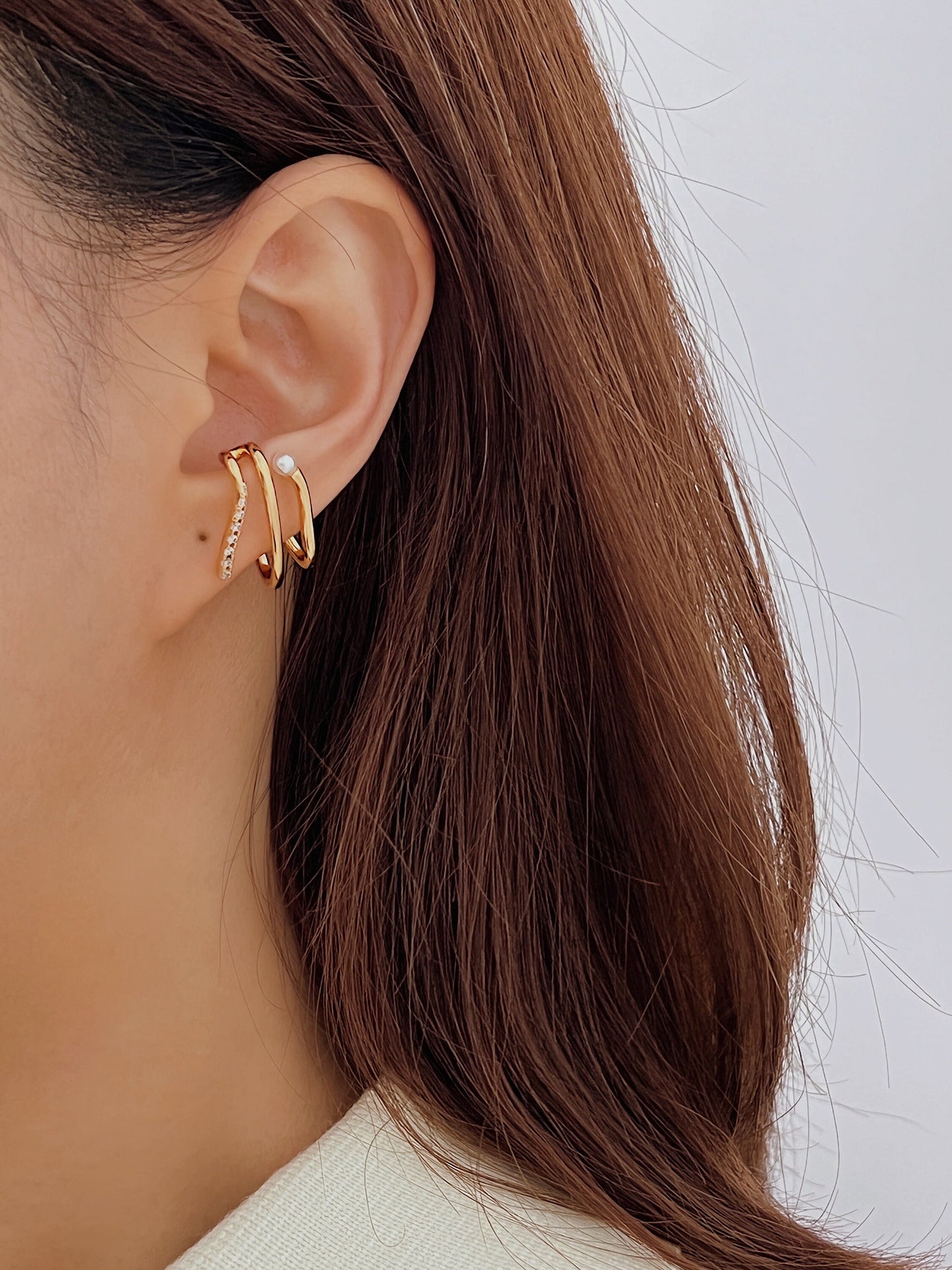 18K Gold Artisan Pearl CZ Pave Ear Cuff, Irregular Unique Ear Cuff, Asymmetrical Minimal Ear Cuff, Triple Cuff Earrings, No Pierce Earrings