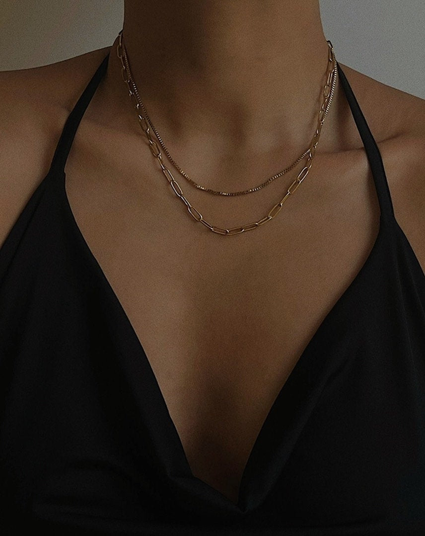 18K Gold Paperclip Chain Necklace, Box Chain Necklace, Double Layered Gold Necklace, Minimalist Chain Necklace, Gold Layering Necklace