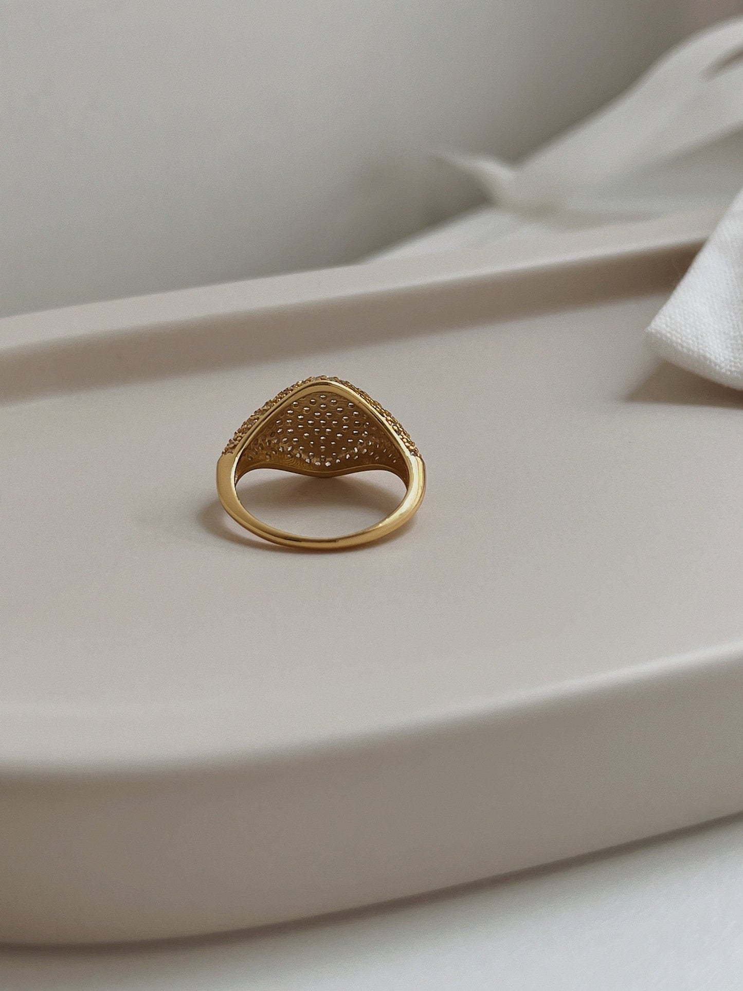 details of gold diamond signet ring, luxury jewelry for women, sparkling and stylish