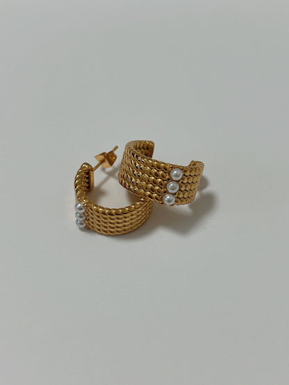 Chunky Gold Pearl Twisted Hoop Earrings, Pearl Braided Hoop Earrings, Vintage Monet Gold Half Hoops, Statement Pearl Twisted Rope Earrings