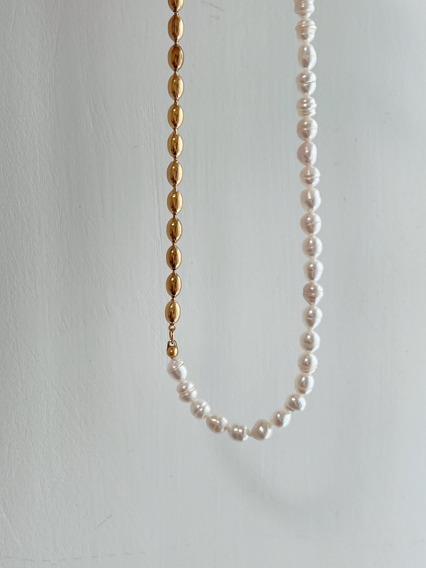 18K Gold Half Pearl Half Beaded Chain Necklace, Natural Pearl Chain Necklace, Rice Bead Necklace, Baroque Pearl Necklace, Statement Necklace