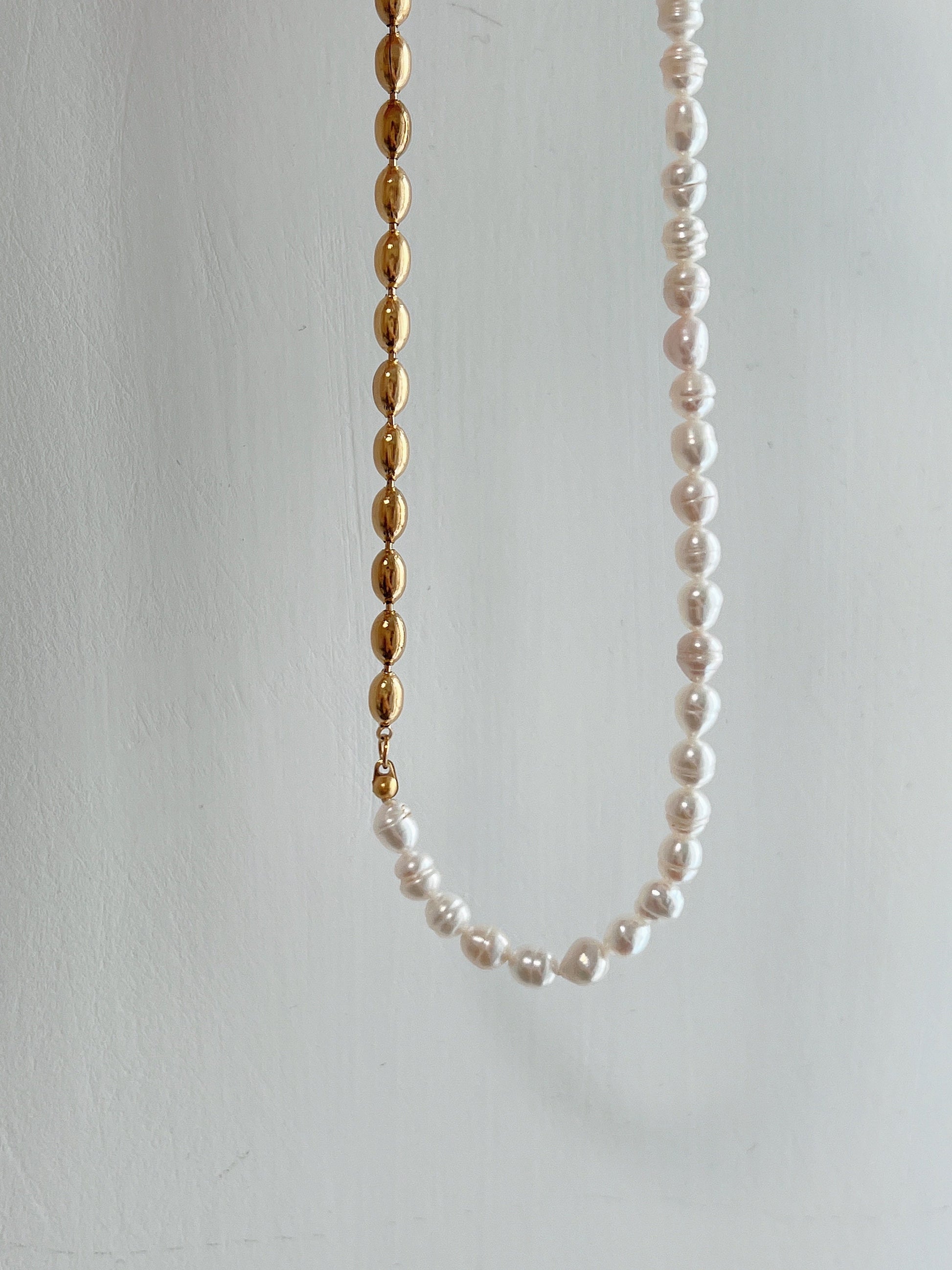 18K Gold Half Pearl Half Beaded Chain Necklace, Natural Pearl Chain Necklace, Rice Bead Necklace, Baroque Pearl Necklace, Statement Necklace