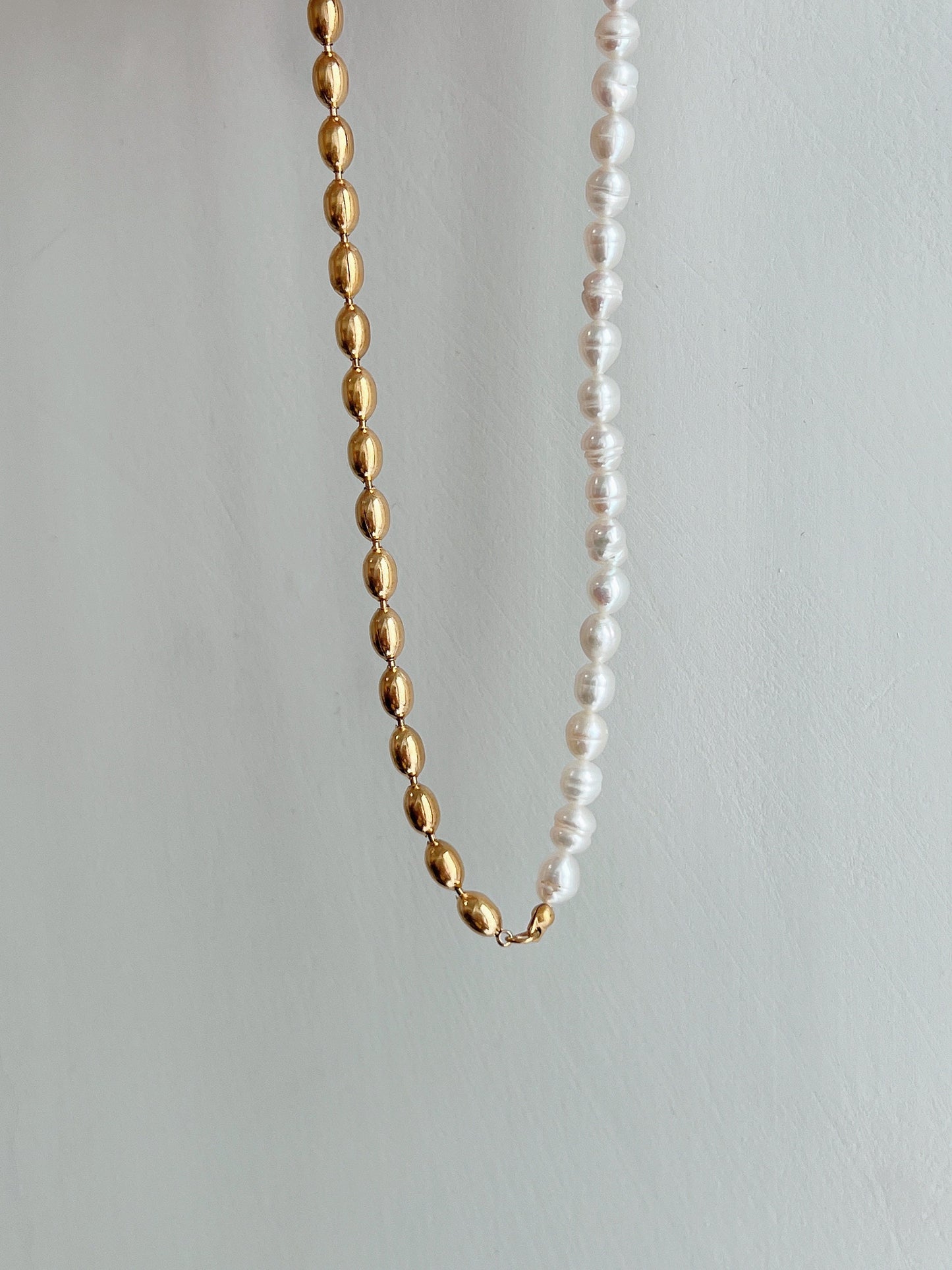 18K Gold Half Pearl Half Beaded Chain Necklace, Natural Pearl Chain Necklace, Rice Bead Necklace, Baroque Pearl Necklace, Statement Necklace