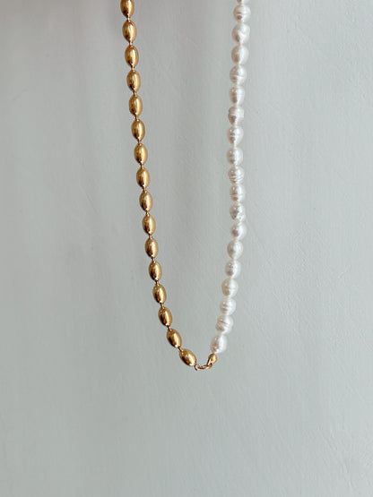 18K Gold Half Pearl Half Beaded Chain Necklace, Natural Pearl Chain Necklace, Rice Bead Necklace, Baroque Pearl Necklace, Statement Necklace