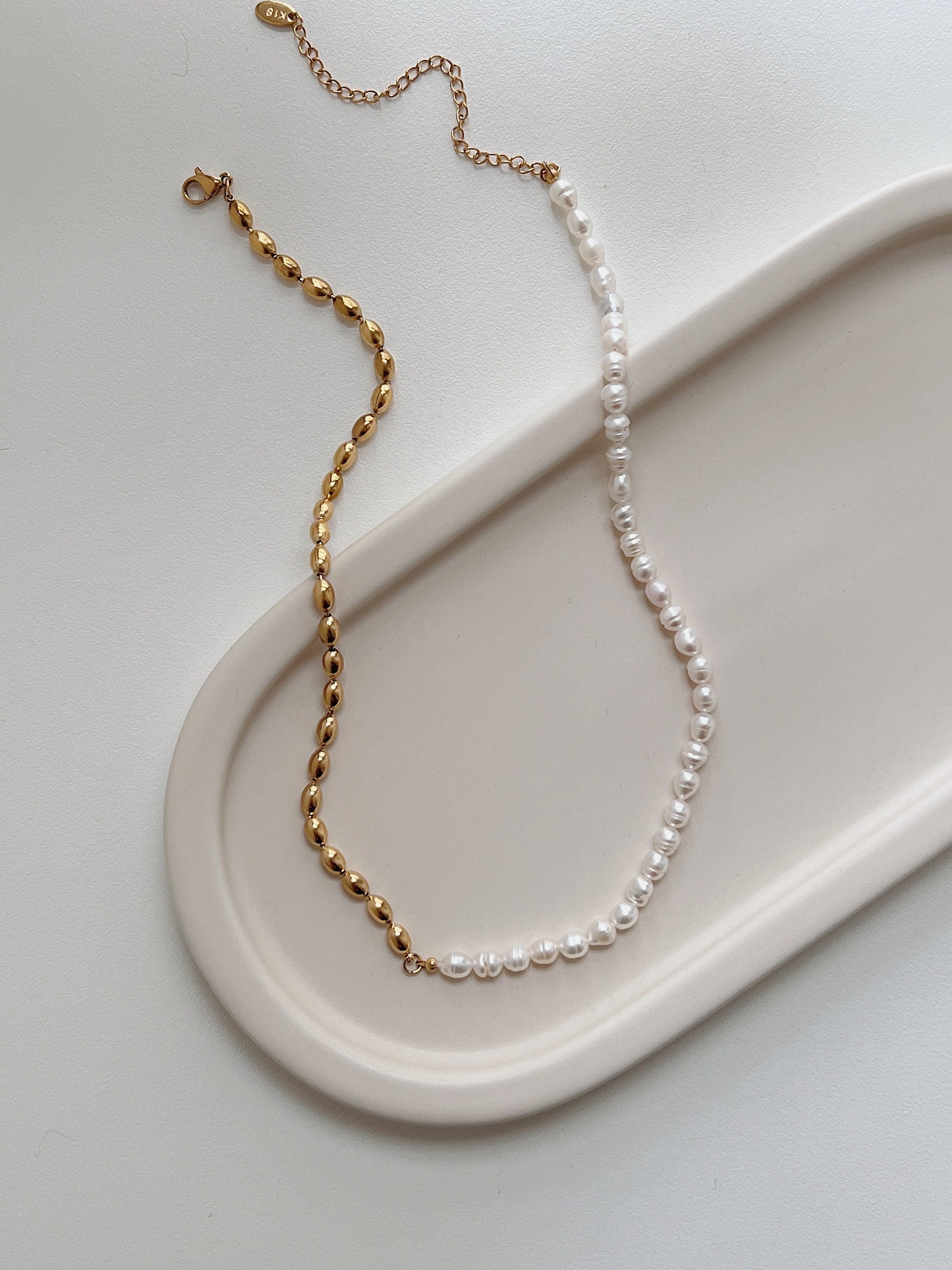 18K Gold Half Pearl Half Beaded Chain Necklace, Natural Pearl Chain Necklace, Rice Bead Necklace, Baroque Pearl Necklace, Statement Necklace