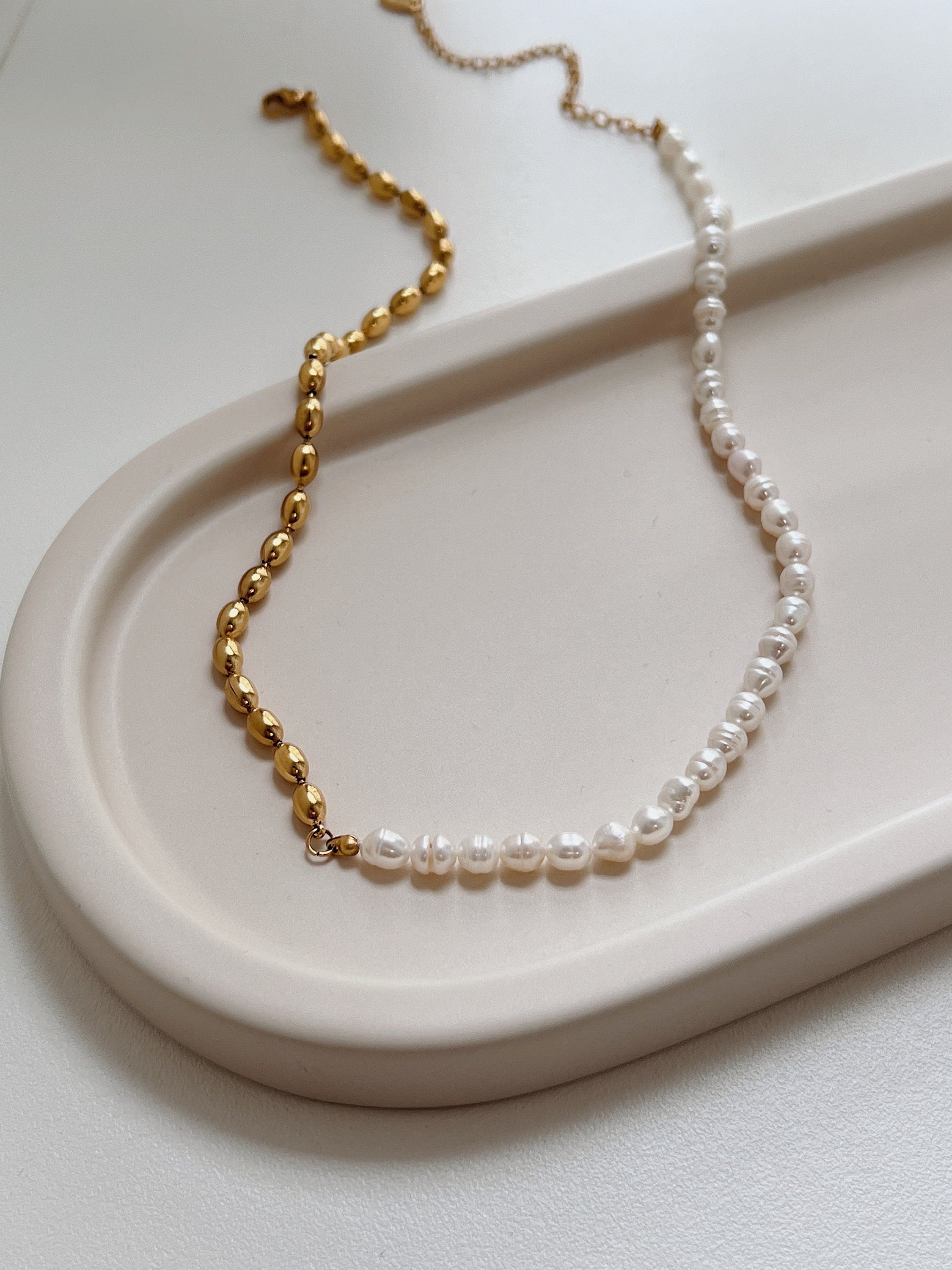 Heart Lock Half Gold and Half Pearl Stackable Necklace designed by Stacked  By Suzie