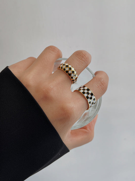 checkered ring, y2k ring, black and white checkered ring, black and white ring, enamel ring, statement ring, stacking rings