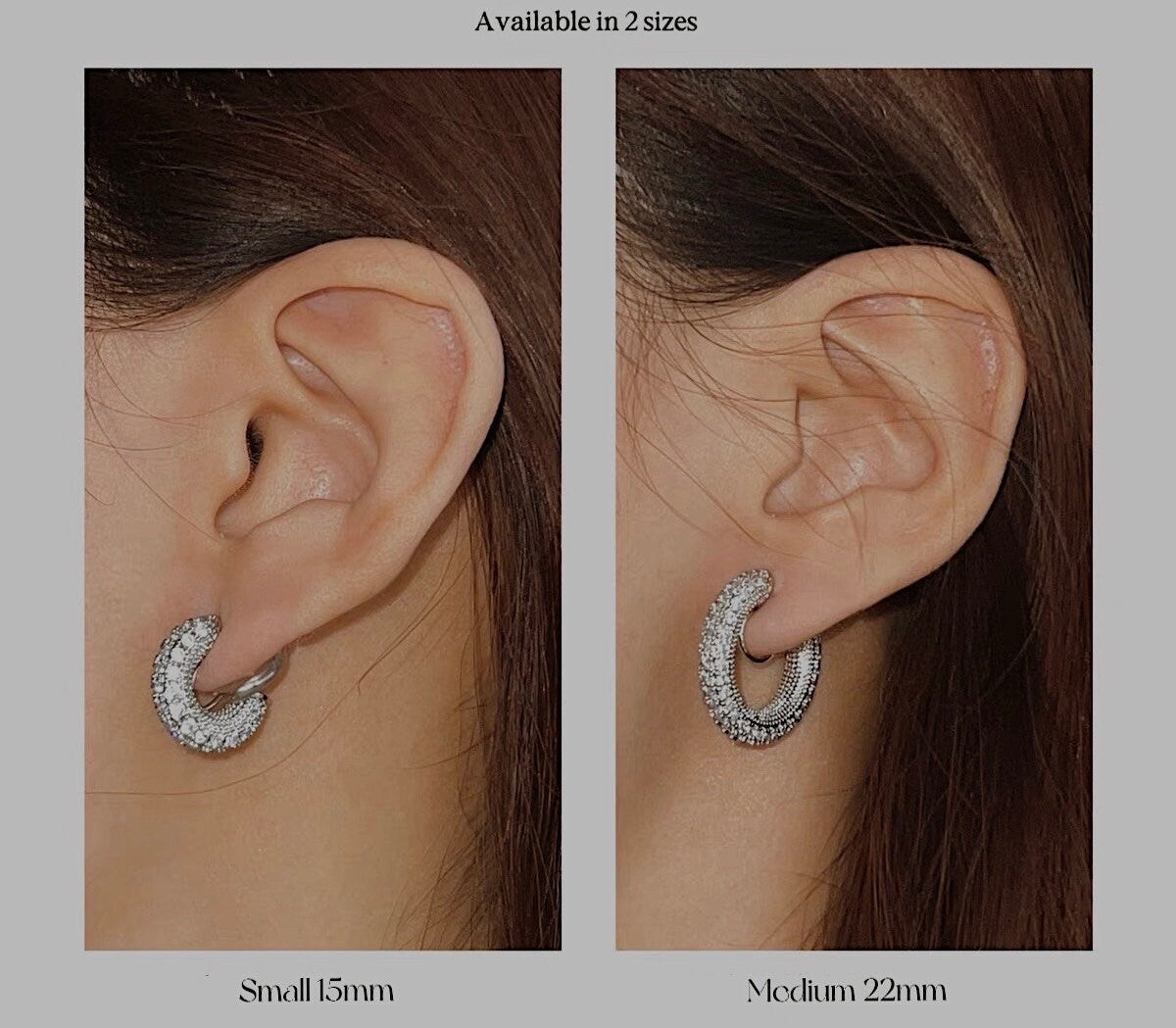 Close up of model ear displaying silver non-pierced earrings featuring Jayne 15mm hoop and 22mm hoop