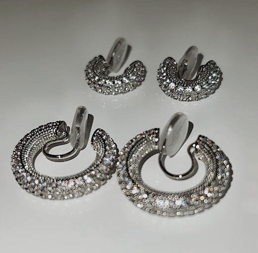 Pair of Jayne rhodium clip-on hoop earrings featuring multi-row 5A cubic zirconia pavé setting