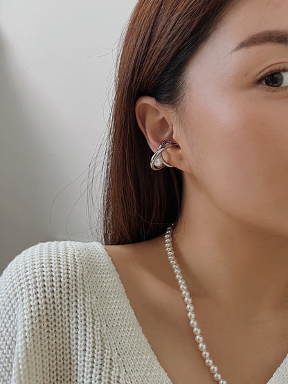 Model wearing Silver Karolina Pearl Cuff with a sleek hairstyle