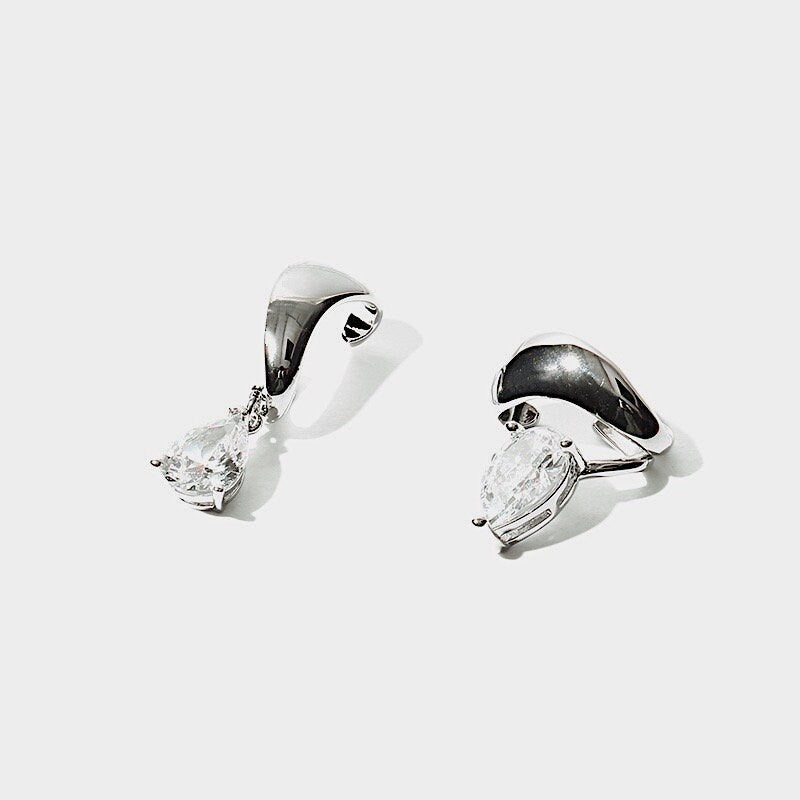 Lisa Tear Drop CZ Cuff Earrings in Rhodium Silver on white background.