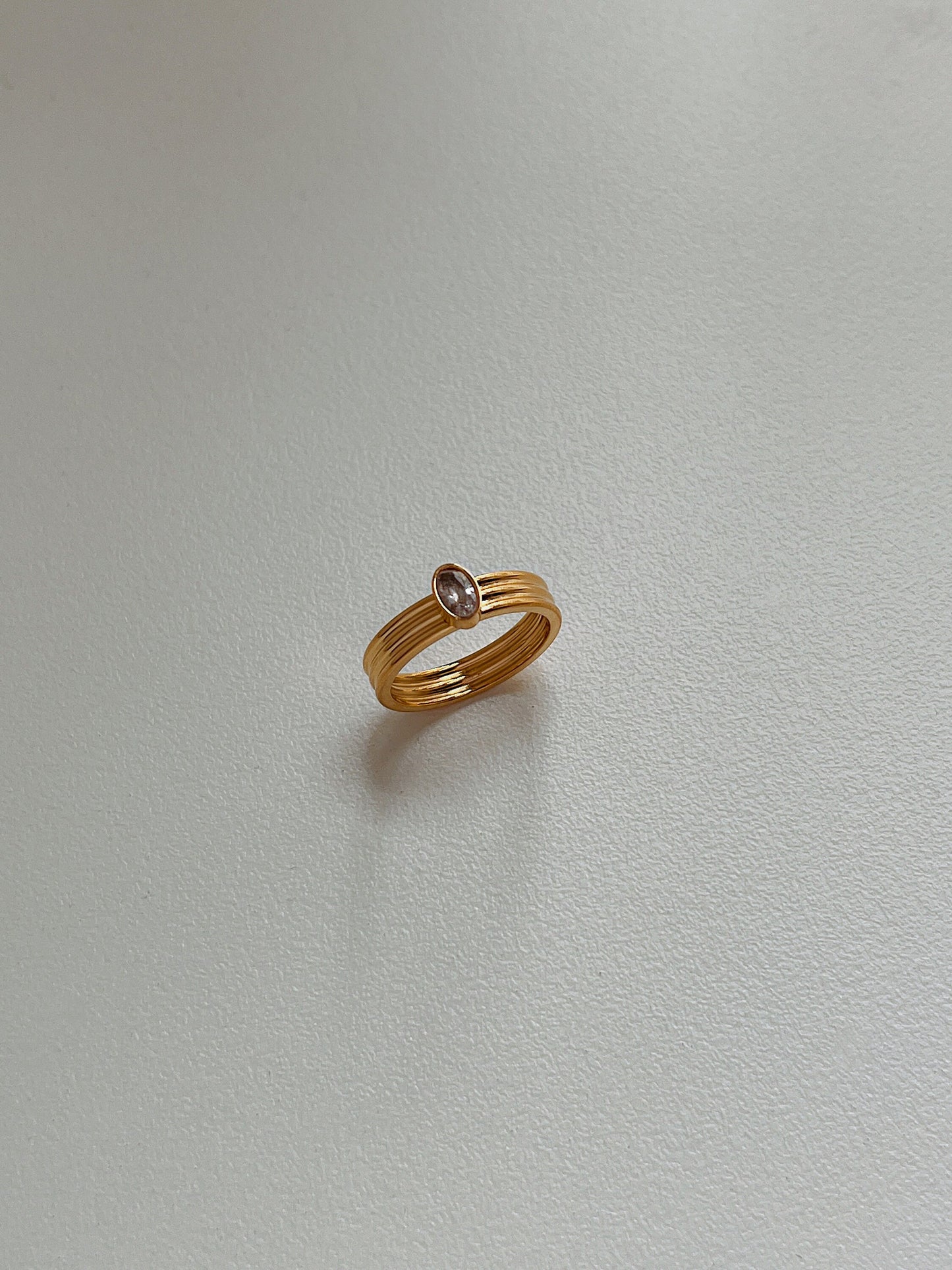 Close up of architectural ribbed texture on gold stainless steel ring