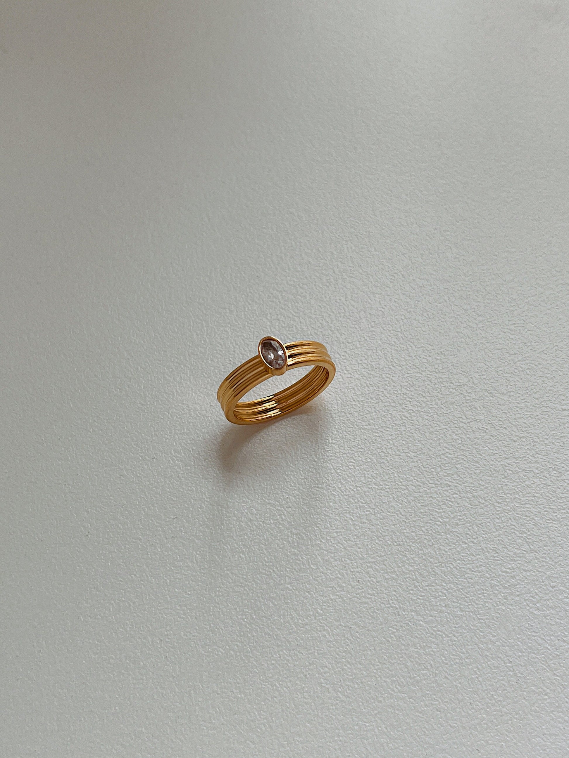 Close up of architectural ribbed texture on gold stainless steel ring