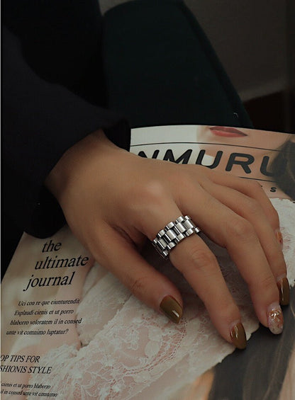 Hand model showcasing mirror finish on a polished silver watch ring