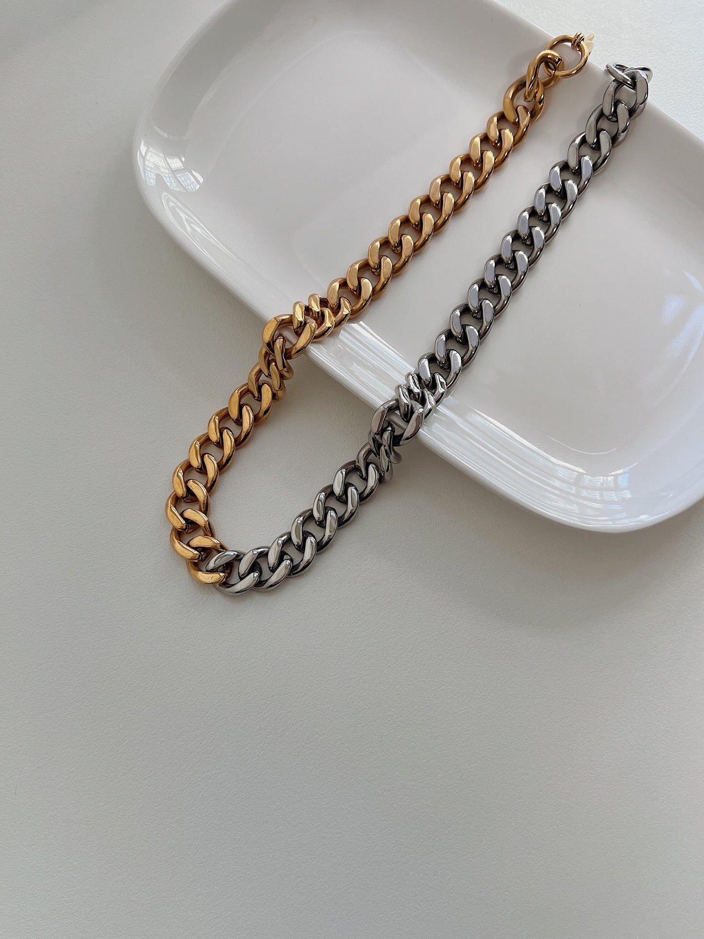 Top view of hypoallergenic solid stainless steel core chunky two tone statement jewellery