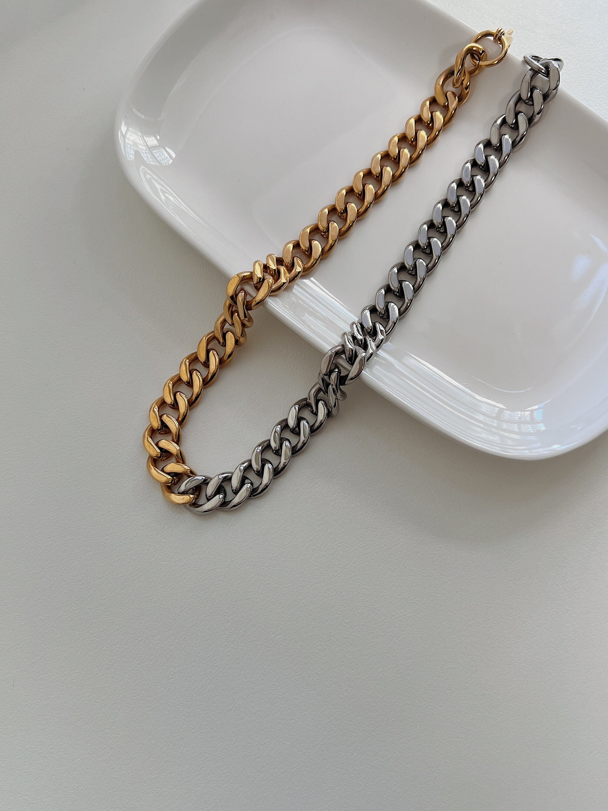 Top view of hypoallergenic solid stainless steel core chunky two tone statement jewellery
