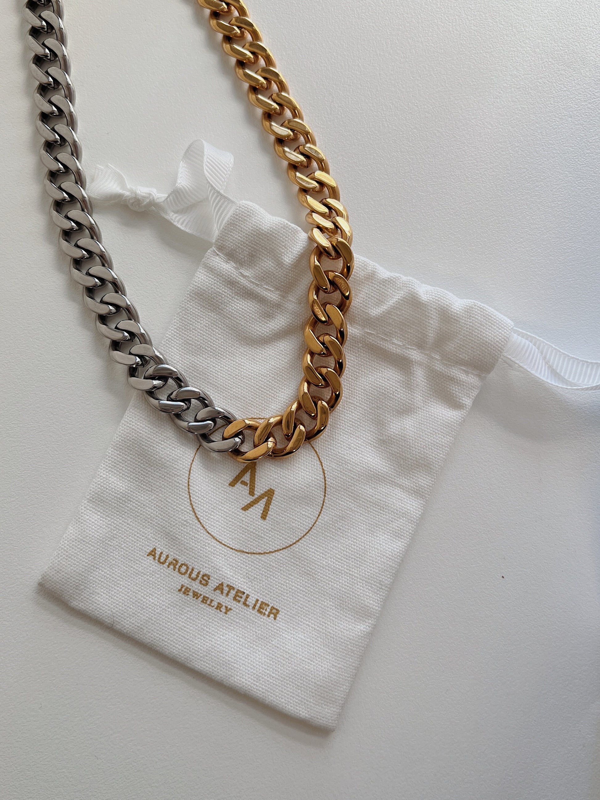 Contemporary luxury statement necklace showcasing thick alternating gold and silver bands catching light