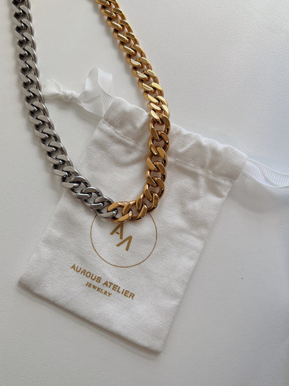 Contemporary luxury statement necklace showcasing thick alternating gold and silver bands catching light