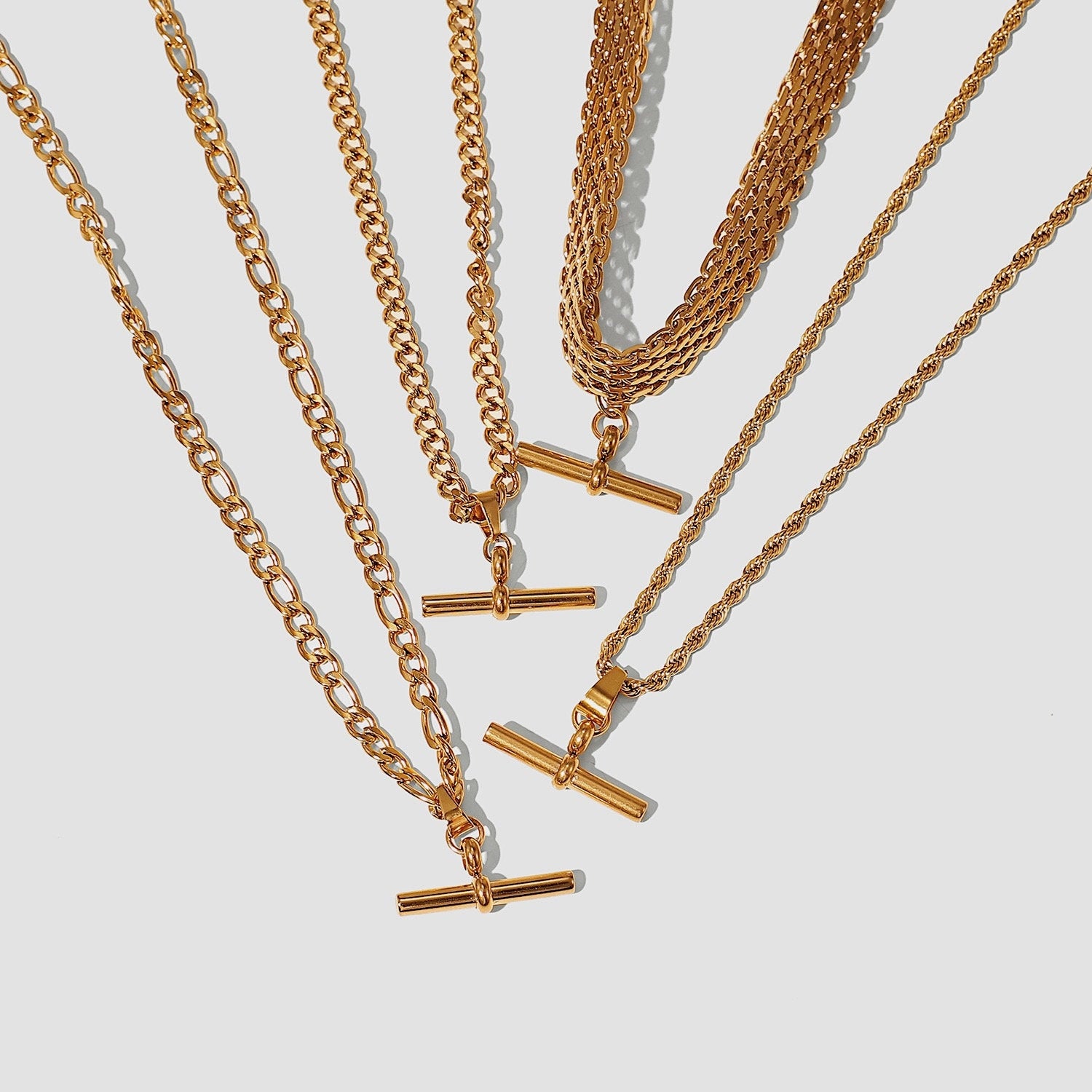 Vick gold T bar chain necklace showcasing clean horizontal pendant layout on white background