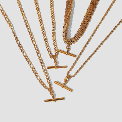 Vick gold T bar chain necklace showcasing clean horizontal pendant layout on white background