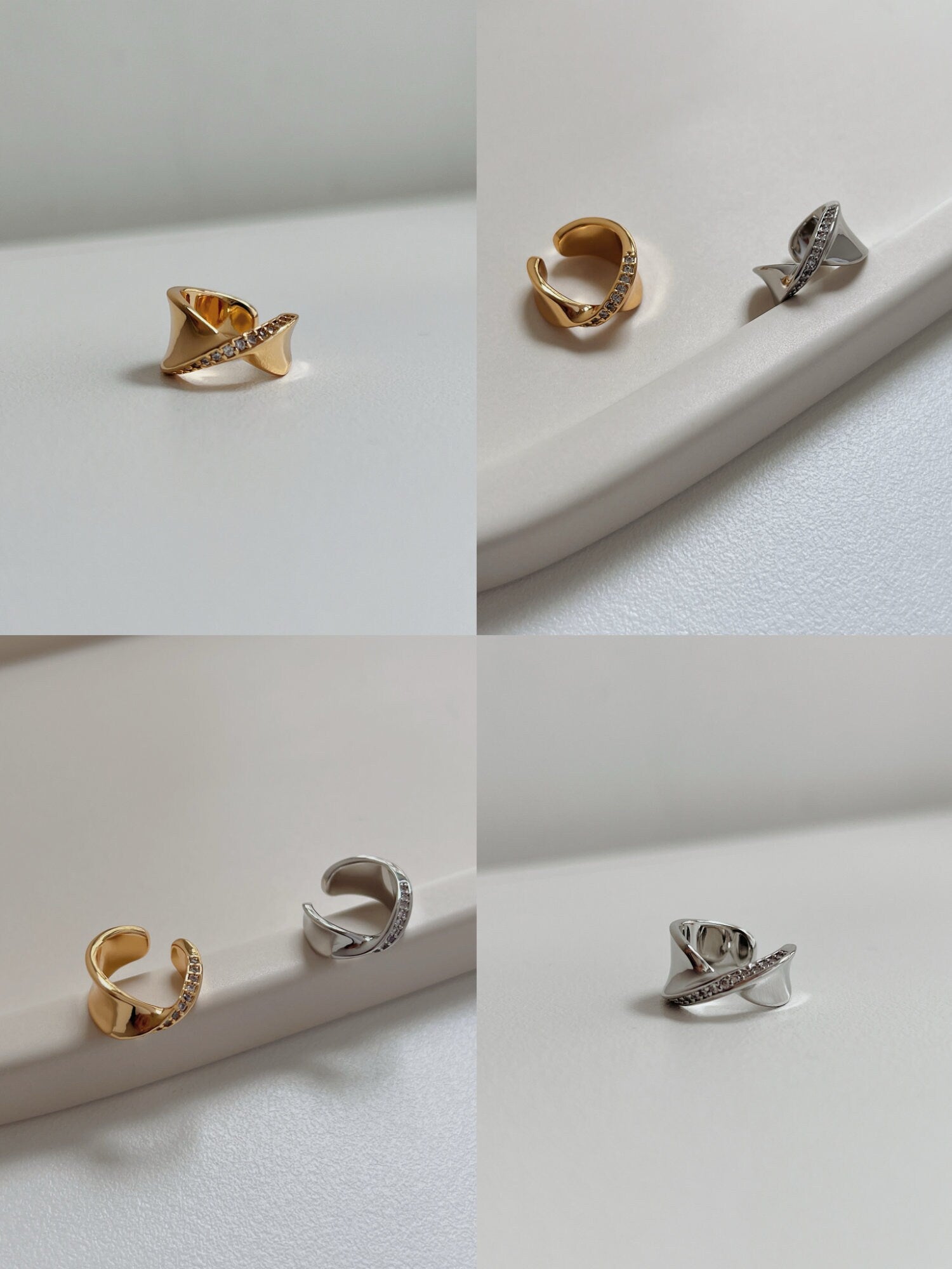Detail of 18K Gold PVD finish on the Evelyn twisted ear cuff.